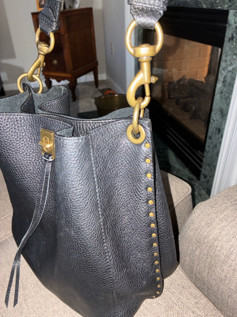 Rebecca Minkoff Black Pebbled Leather Shoulder Bag with Brass Hardware MSRP $378 - Picture 5 of 16